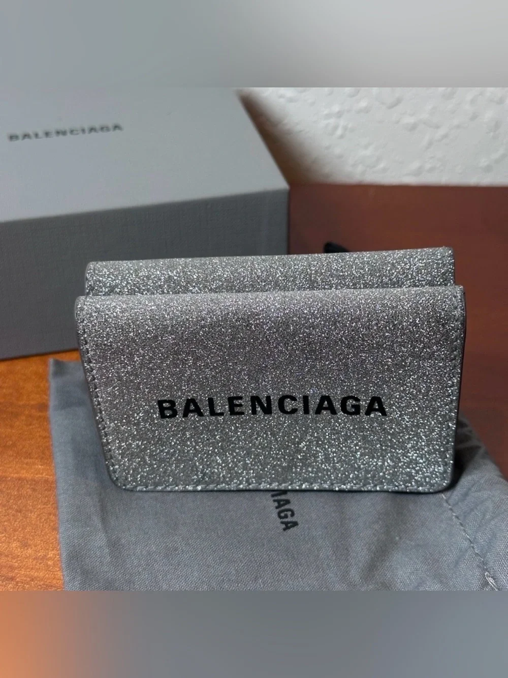 Balenciaga Silver Glitter Wallet Holder With Box